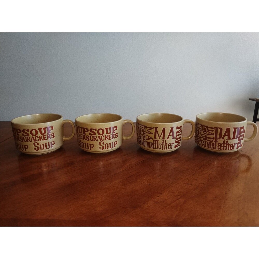 Lot 4x Vintage 1970’s Soup & Crackers Mom Dad Speckled Stoneware Mugs Japan Tan - Picture 7 of 15